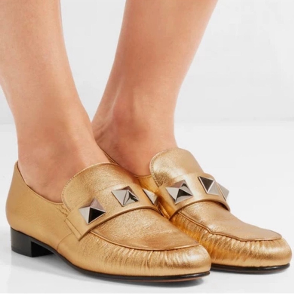 Valentino Rockstud metallic gold leather loafers flats slippers IT 38.5 US 8.5